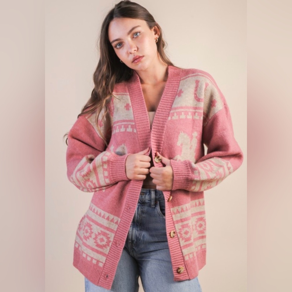 Very J Pink and Cream Patterned Cardigan. Oversized Western Graphic Knit Sweater